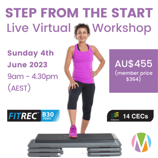 Step from the start virtual workshop, Marietta Mehanni education, group fitness instructors, step aerobics