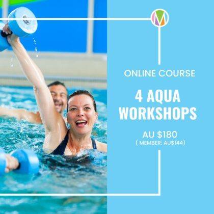 4 Aqua workshops, online course, Marietta Mehanni, aqua instructors, CHOREOGRAPHED NOODLES, DYNAMIC DUMBBELLS, DEEPLY MOVING, HYDROFABULOUS